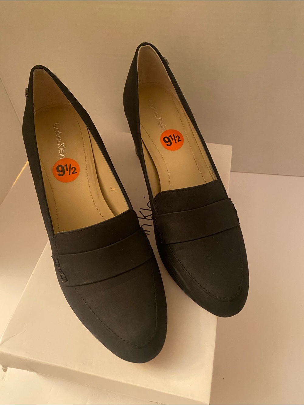 Calvin Klein Onada Nubuck Black Loafer Strap Block Heal Pumps Size 9.5